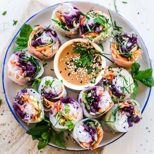 Rice paper rolls with peanut dipping sauce